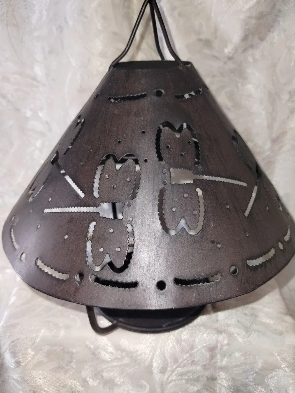 Rustic Brown Metal Hanging Candle Lantern - Dragonflies / 10